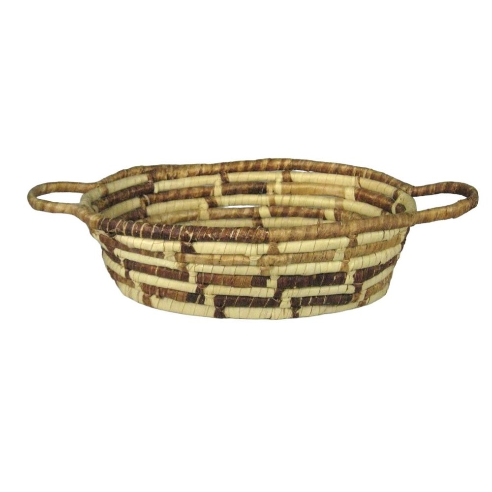 Coiled Basket Hand Woven Grass Brown Tan Size 16.5 inches Coiled 2 Handles Decor